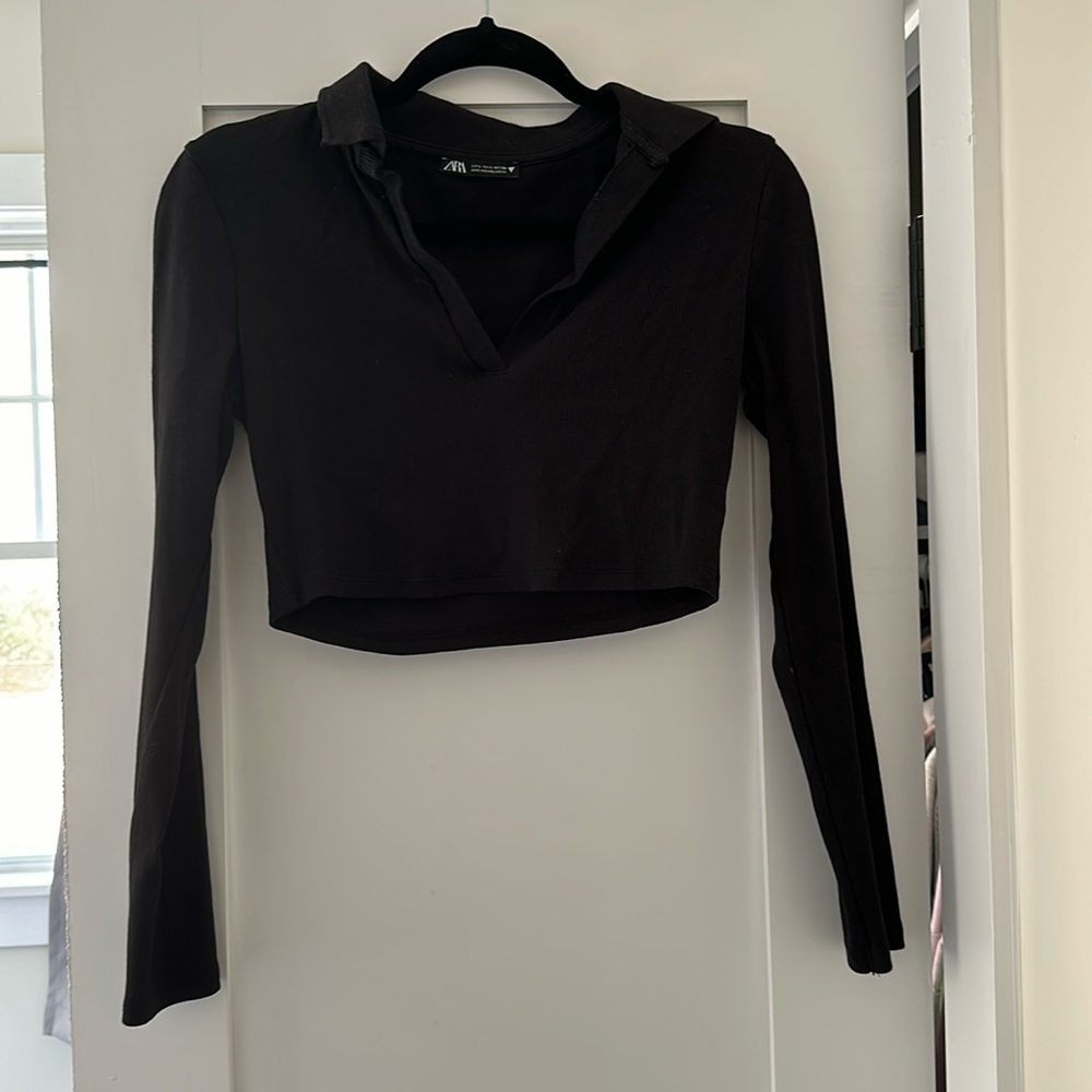 Zara Cropped Long Sleeve Polo Top